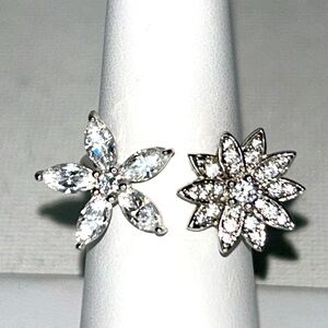 NWOT 925 Sterling Silver Zircon Two Flower Ring By Designer PAJ Boho Feminine